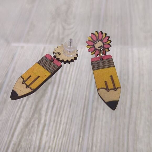 Handmade Womens Floral Pencil Pierced Earrings Yellow Pink Teachers Gift 2.5" - Picture 2 of 5